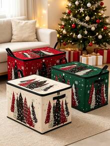 Hộp lưu trữ có khóa kéo với thiết kế cây thông Noel; họa tiết vẽ tay cây thông, bông tuyết, ngôi sao và hoa văn ngày lễ mùa đông cổ điển màu đỏ, đen và bạc; giỏ/thùng lưu trữ có thể gấp gọn có tay cầm, phù hợp để sắp xếp đồ đạc trong nhà - Nhiều màu - Xem 1
