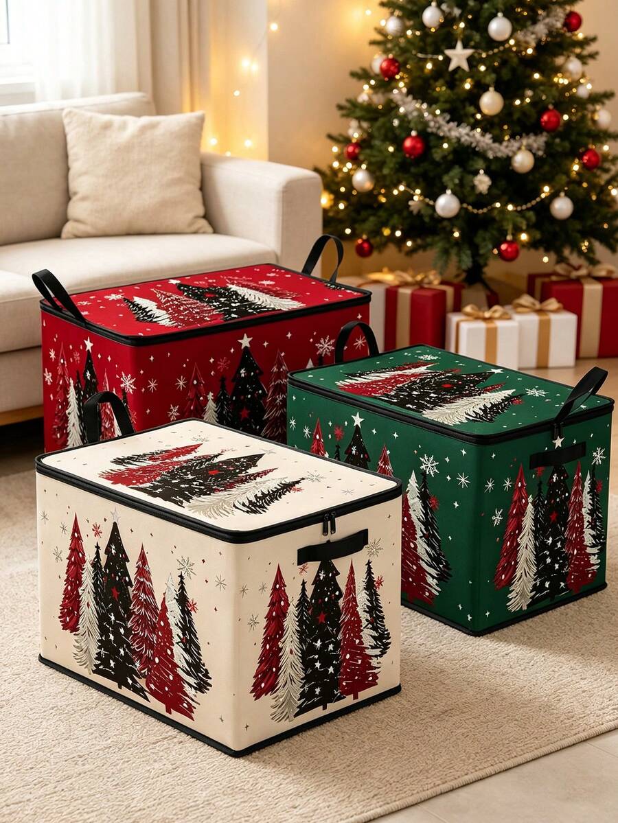 Hộp lưu trữ có khóa kéo với thiết kế cây thông Noel; họa tiết vẽ tay cây thông, bông tuyết, ngôi sao và hoa văn ngày lễ mùa đông cổ điển màu đỏ, đen và bạc; giỏ/thùng lưu trữ có thể gấp gọn có tay cầm, phù hợp để sắp xếp đồ đạc trong nhà - Nhiều màu - Xem 1