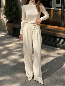 Women's Polyester Wide Leg Pants, Non-Stretch, Suitable For Autumn Bottoms - Apricot - View 5