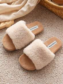 Kids Solid Plush One‑Strap Slide Slippers, Soft Fuzzy Open‑Toe House Slippers For Autumn Winter Girls Indoor Home Shoes - Beige - View 5