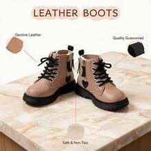 Sepatu bot pendek motif hati untuk anak perempuan yang imut, detail warna pink manis, resleting samping, tali pengikat, sol tebal anti selip, cocok untuk musim gugur/musim dingin. - Khaki - View 7