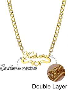Women's Customized Name Bamboo Knot Earrings (Classic Exaggerated Personalized Hoop Style) And Men's 5mm Thick Cuban Chain (With Heart Pendant) - Couple Jewelry Set, Suitable As Family Christmas Gift, Personalized Gift, Hip Hop Jewelry - New Gold 3 - View 7