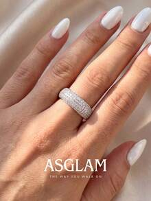 1pc Women's Shiny Zirconia Full Pave Diamond Ring, Engagement Wedding Party Daily Wear Anniversary Jewelry Gift - Silver - View 3