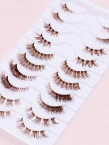 10 Pairs Mixed Brown Full Band False Eyelashes, 5 Natural Thin Designs, Soft & Lightweight Handmade, Reusable Comfortable Upper Lashes, Suitable For Daily & Party Eye Makeup - Brown - View 5