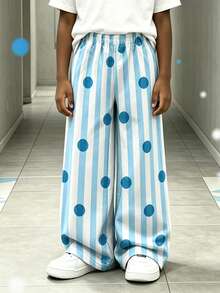 1 buah Celana Panjang Lurus Motif Garis Biru Segar, Polkadot Kartun, Bernapas, untuk Balita, Celana Anak Laki-laki, Pakaian Bermotif Serbaguna - Biru - View 2