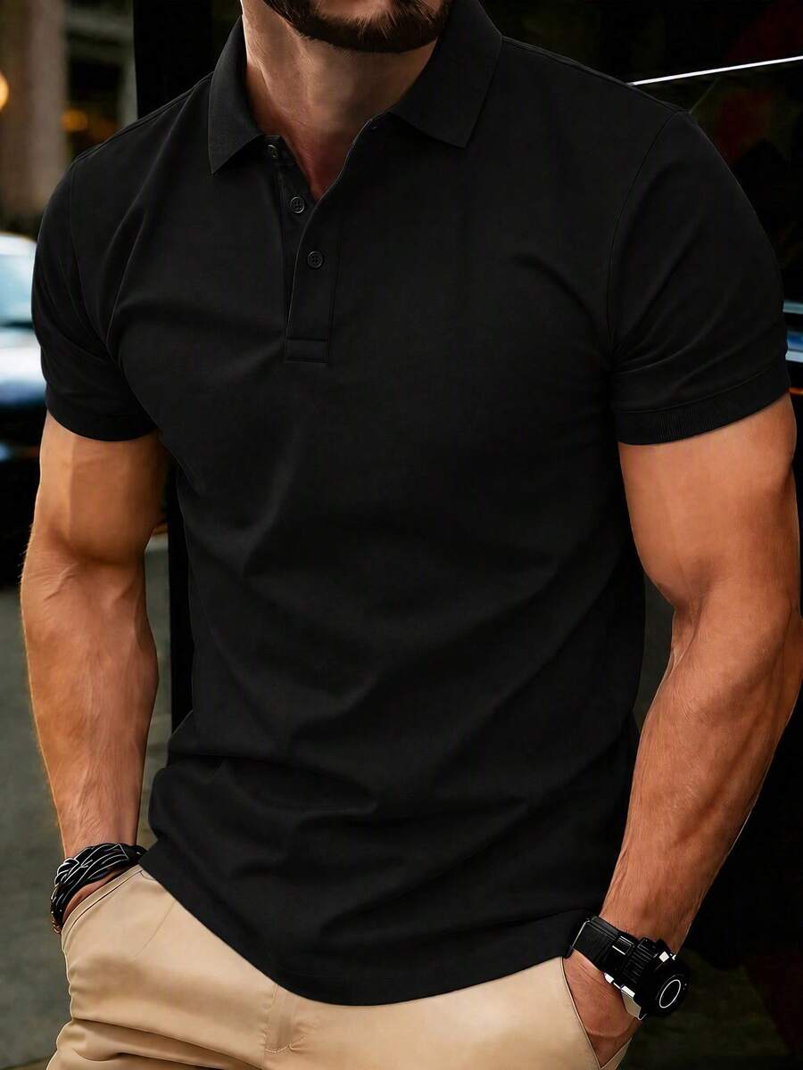 Men's Summer Fashion Versatile Casual Solid Color Polo Shirt Suitable For Daily Commute And Dating - Black - View 1