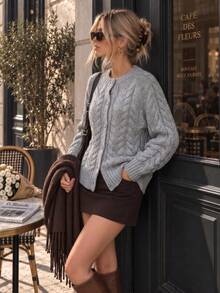 Women Fall Winter Gray Cable Knit Cardigan, Crew Neck Long Sleeve Front Button Sweater, Casual Loose Coat, Daily Going Out Back To School Outfit - Grey - View 1