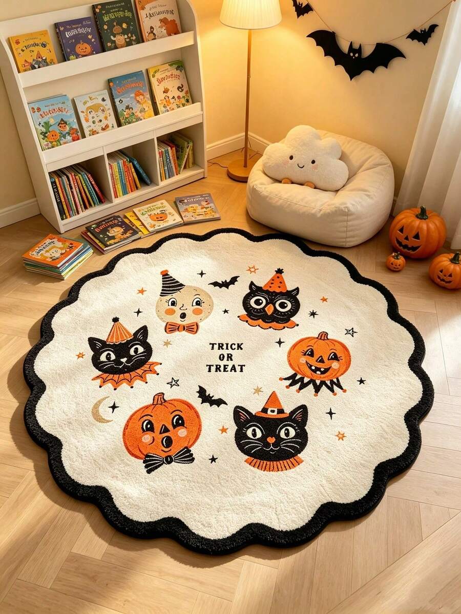 1PC Halloween Wavy Edge Faux Cashmere Round Rug, Game Room Decor Mat, Halloween Theme Decorative Carpet, Floor Mat, Cradle Mat, Suitable For Living Room, Bedroom, Study, Cozy Home Decor Atmosphere Rug, Gentle New Style, Fresh Healing Style, Fits Cream Style Bedroom, Girl Style Bedside Area And Other Bedroom Decor Scenes, Small Rug, Carpet, Home Decor, Living Room Rug, Living Room Small Rug, Bedroom Rug, Living Room Home Decor, Outdoor Rug, Washable Rug - Multicolor - View 1