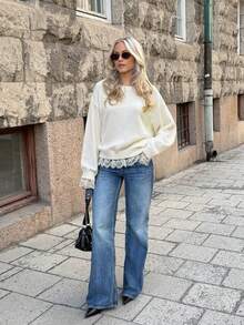 Women's Fashion Elegant Versatile Solid Color Lace Patchwork Round Neck Long Sleeve Daily Sweater - White - View 6