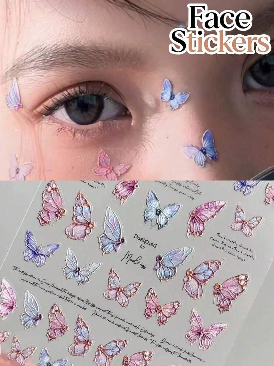 1pc Autumn/Winter New Realistic Butterfly Face, Eye, Neck & Ear Stickers With Self-Adhesive Backing, 3D Butterfly Stickers For Y2K, Glitter Face, Carnival, Face Decoration - Multicolor - View 1