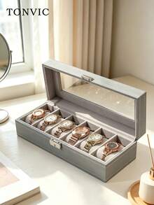 TONVIC 6-Slot/10-Slot/12-Slot Double-Layer/Triple-Layer Lockable PU Watch Box Glasses Jewelry Storage Watch Organizer 1PC - Black - View 1