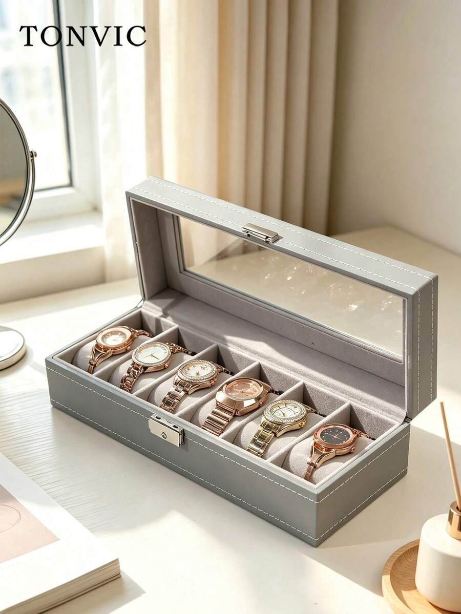 TONVIC 6-Slot/10-Slot/12-Slot Double-Layer/Triple-Layer Lockable PU Watch Box Glasses Jewelry Storage Watch Organizer 1PC - Black - View 1