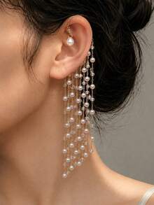 1pc Multi-Layer Pearl Beaded Long Tassel Ear Hook, Non-Pierced Dangle Earrings, Women's Bridal Wedding Ball Evening Party Accessory - Rhinestones - View 2