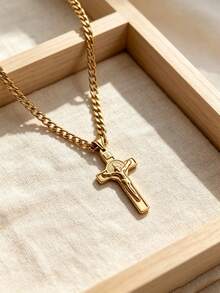 1pc Gold Stainless Steel Jesus Cross Pendant Necklace, Religious Faith Holiday Gift, Unisex, Daily Wear - Yellow Gold - View 1