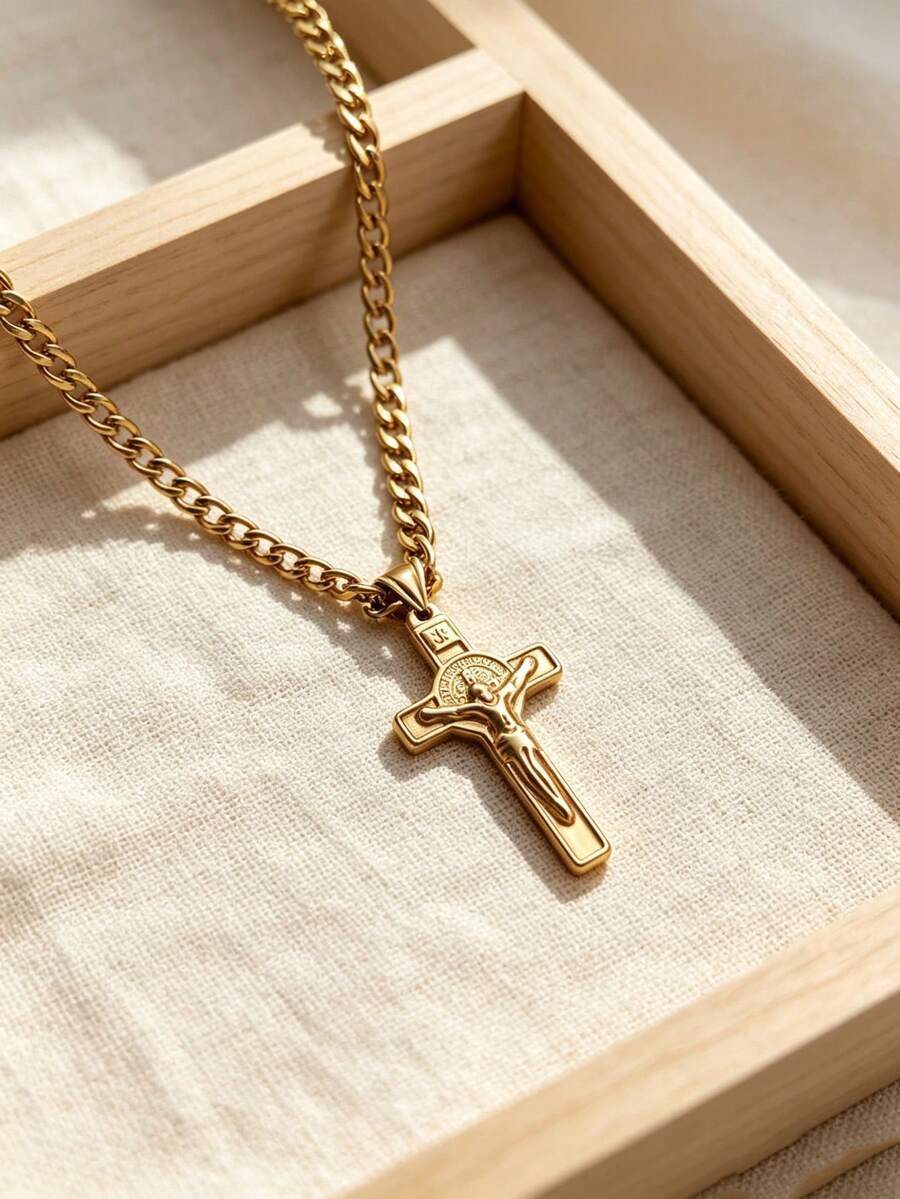 1pc Gold Stainless Steel Jesus Cross Pendant Necklace, Religious Faith Holiday Gift, Unisex, Daily Wear - Yellow Gold - View 1