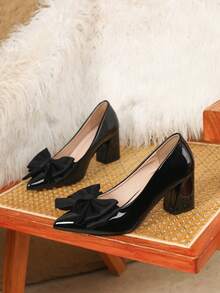 Plus Size Women's Black Pointed Toe Bow Chunky Heel High Heel Pumps, Fashionable Comfortable Office Commuter Shoes - Black - View 6