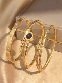 3Pcs French Minimalist Women Gold Open Cuff Bangle Set,Stainless Steel ,Clover,Nail Dial & Twisted Rope Stack‑Able Design,Party Daily Jewelry - Multicolor - View 4