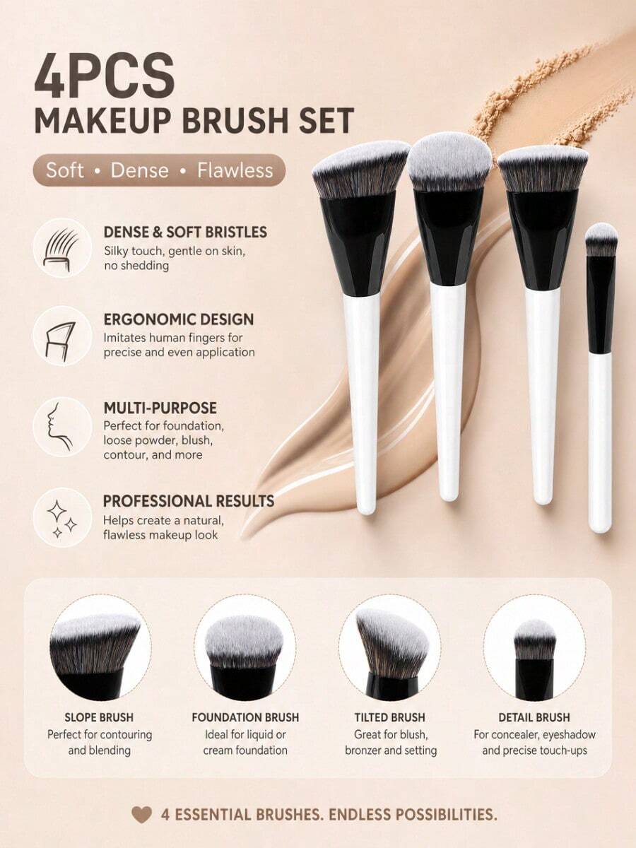 4pcs Soft Synthetic Makeup Brushes, High Quality Professional Face Makeup Brushes For Foundation, Powder, Blush, Concealer, Contouring, Suitable For Liquid, Cream And Powder, Daily Makeup Tool, Gift For Women & Girls - White - View 1
