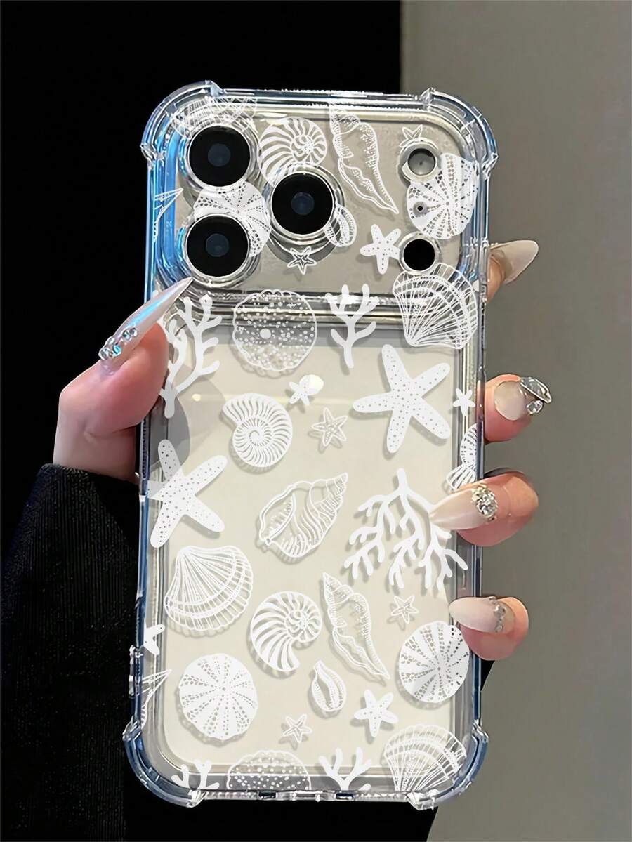 1件透明四角氣囊防震手機殼,白色線條圖案,貝殼、海星、珊瑚海洋設計,透明材質,防摔設計,TPU保護殼,凸起鏡頭保護環,相容 iPhone 11、12、13、14、15、16、17 Pro Max、18 Pro、18 Pro Max,夏季海灘風格手機殼,適合女性與女孩 - 無色 - 查看 1