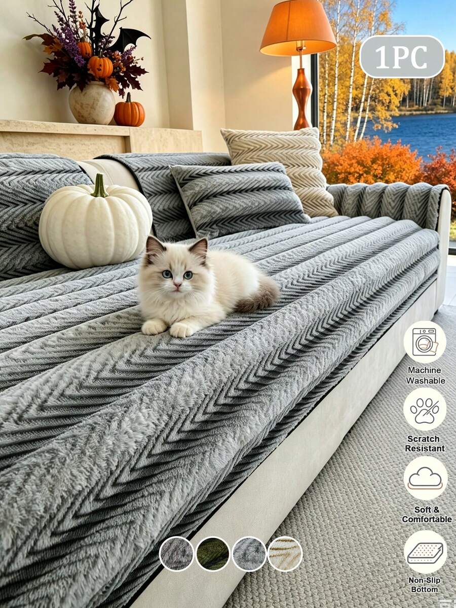 1pc Plush Embossed Striped Sofa Cover, Non-Slip Bottom, Scratch-Resistant Pet-Friendly, Machine Washable Sofa Protector, Suitable For 1/2/3/4 Seater Sofa, Soft Decorative Living Room Home Sofa Cover - Light Grey - View 1