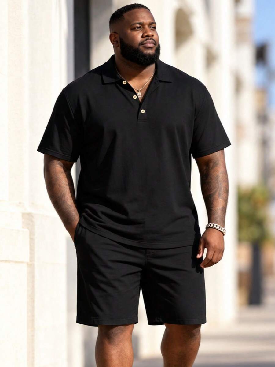 Plus Size Men's Summer Solid Color Short Sleeve Shorts 2-Piece Set, Men's Plus Size Polo Outfit - Black - View 1