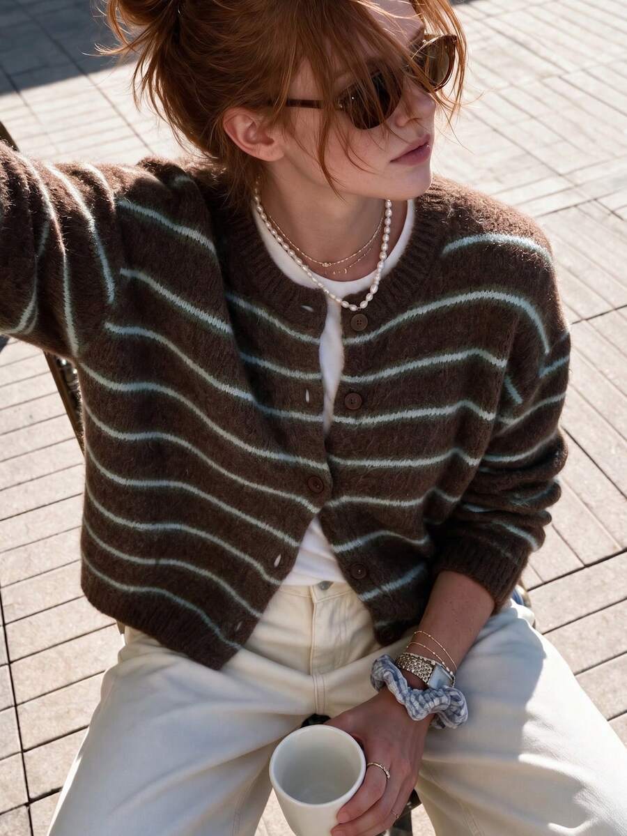 Women's Round Neck Striped Fuzzy Knit Cardigan, Long Sleeve Button Front Casual Short Sweater Jacket, Suitable For Autumn/Winter Daily Wear - Coffee Brown - View 1