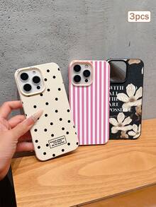 3pcs Lily Flower Litchi Pattern Anti-Slip Waterproof Shockproof Phone Case Set, Covers, Flower Phone Case, White / Black / Pink 3-Color Faux Leather Texture Protective Cover - Multicolor - View 2