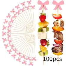 10/50/100pcs Exquisite Cute Pink Bow Food Skewers (Natural Bamboo, Smooth Surface), Cute Design Cocktail Set, For Fruit Platter, Cooked Food And Party Decoration - Pink - View 11