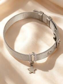 1pc 304 Stainless Steel Mesh Bracelet With Minimalist Star Pendant, Watch Band Style Adjustable Women's Jewelry For Daily Wear - Silver - View 1