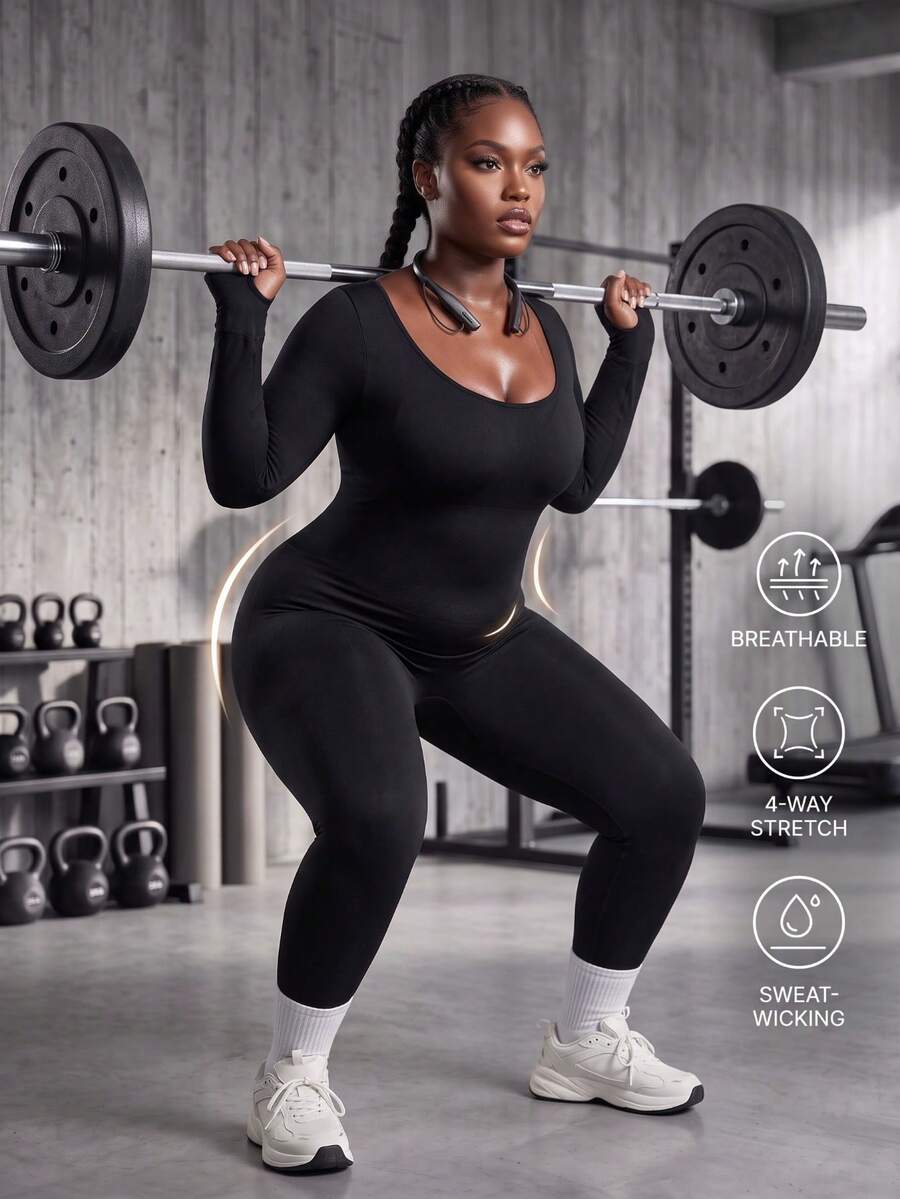 Zimi Collection Plus Size Women's Seamless Long Sleeve Jumpsuit 1XL-4XL Black Tummy Control Butt Lift Compression Shaping Fitness Yoga Running Workout Outfit - Black - View 1