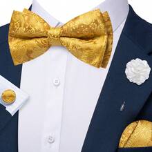 4Pcs Men Yellow Tropical‑Plant Jacquard Bow Tie Pocket Square Cufflinks Brooch Set For Wedding Business Party - Yellow - View 2
