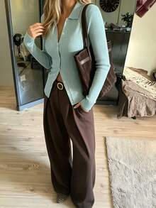 Cardigan Rajut Lengan Panjang Warna Biru Mint untuk Wanita, Serbaguna dengan Kerah Lipat, Cocok untuk Musim Gugur/Dingin - Mint Blue - View 3