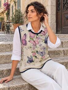 New Spring/Summer Women's Round Neck Sleeveless Tank Top, Butterfly & Floral Print, Colorblock Knit Trim, Suitable For Daily Wear - Blue-purple - View 1