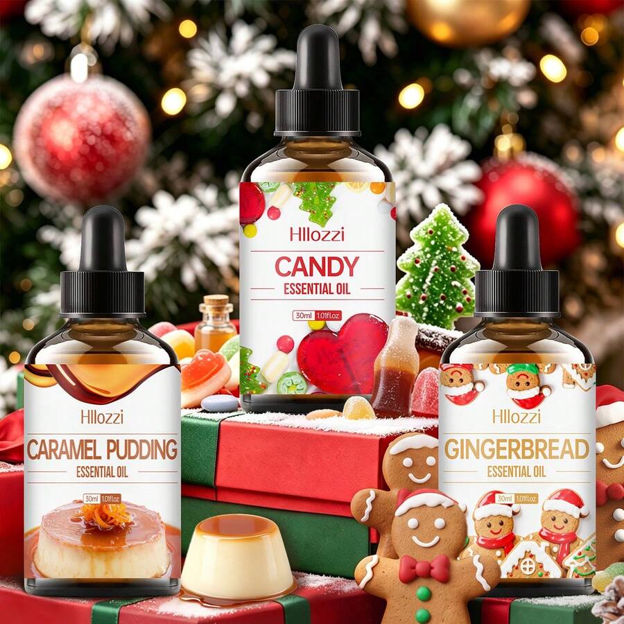 Hllozzi 30ml Minyak Esensial Gingerbread Man + 30ml Minyak Esensial Caramel Pudding + 30ml Minyak Esensial Candy: Satu set wewangian hangat dan manis yang sempurna untuk momen-momen nyaman. Ideal untuk digunakan di rumah, pesta, dan mobil. Hadiah Natal. - Kue Jahe + Puding Karamel + Permen - View 1