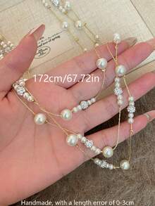 1pc Women's Multi-Layer Necklace, Gold-Tone Copper Material Faux Pearl Star-Studded Beaded Layered Necklace With CZ Inlay, Elegant Versatile Necklace Suitable For Daily Wear, Shopping, Autumn Accessory - Multicolor - View 4