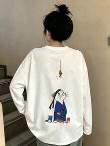 女款秋冬時尚寬鬆極簡百搭卡通貓咪印花長袖T恤 - 白色 - 查看 4