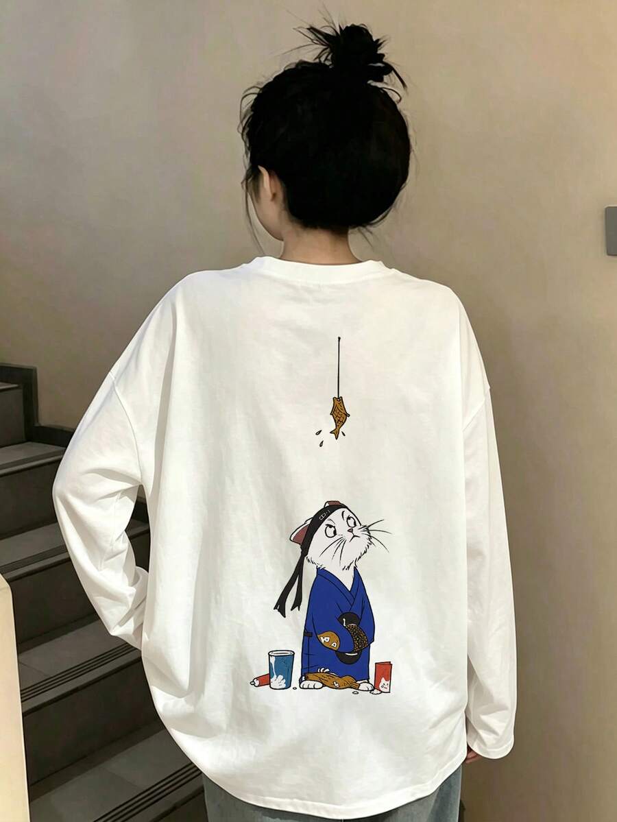 Women's Fashion Autumn/Winter Loose Minimalist Versatile Cartoon Cat Print Long Sleeve T-Shirt - White - View 1