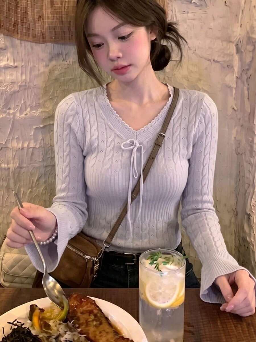 Sweater Rajut Wanita Gaya Seksi dengan Tekstur Berongga dan Tali Pengikat, Model Lembut, Pas Ramping, Atasan Dalaman Pendek, Potongan Acak - Mauve Purple - View 1