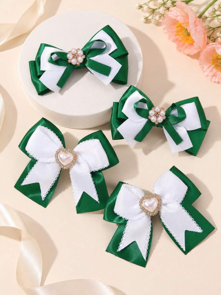 4pcs Saudi National Day Bow Hair Clips, Green Ribbon Alligator Clips, Faux Heart Pearl & Rhinestone Hair Clips, Holiday & Daily Girls Hair Accessories - Multicolor - View 1