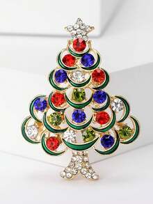 Christmas Luxury Full Rhinestone Christmas Tree Brooch, Red & Green Oil-Drip Gemstone Pin, Women's Bag Decor Accessory - Multicolor - View 3