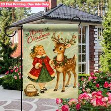 11.8 X 17.7 Inch 2D Flat Polyester Garden Flag, Single-Sided Printed Decorative Flag, Vintage Little Girl & Reindeer Merry Christmas Theme, Suitable For Garden, Porch, Balcony, Yard, Winter Outdoor Decor, Nostalgic Style Welcome Hanging Flag, Flag Pole Not Included - A - View 6