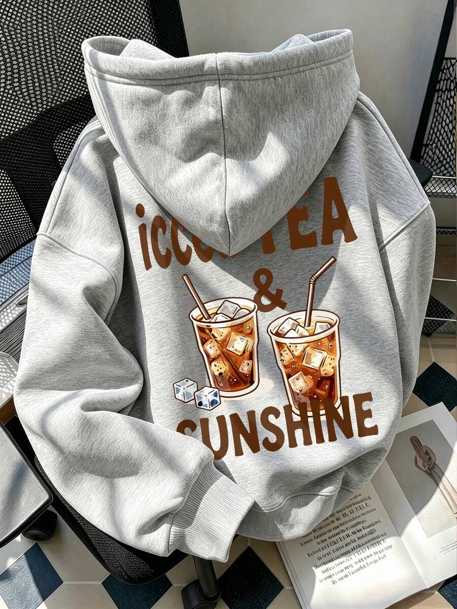 Women's Hooded Sweatshirt, New Autumn/Winter Iced Tea Drink Pattern Letter Print, Drawstring Design, With Pockets, Casual Versatile Loose Fit Top, Fashionable Daily Wear - Dark Gray - View 1