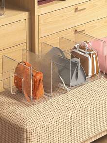 2pcs 4-Compartment Transparent Acrylic Handbag Wallet Storage Rack, Stackable Closet Shelf, Multi-Functional Organizer, Suitable For Handbags, Wallets, Books, Office Documents Display, Transparent Style, Fit For Bookshelf Divider Storage Of Handbags, Clothes, Sweaters - Clear - View 4