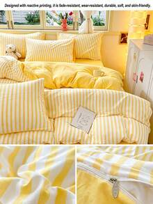 Set Perlengkapan Tidur 4pcs Tebal Bergaris Kuning (1 buah Sarung Selimut + 2 buah Sarung Bantal + 1 buah Sprei, Tanpa Bantal dan Selimut), Tekstil Rumah Lembut & Bernapas untuk Semua Musim, Dapat Dicuci dengan Mesin - Garis Kuning - View 8