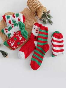 5 Pairs Women's Christmas Print Plush Socks, Soft & Warm Holiday Socks, Random Assorted Styles - Multicolor - View 4