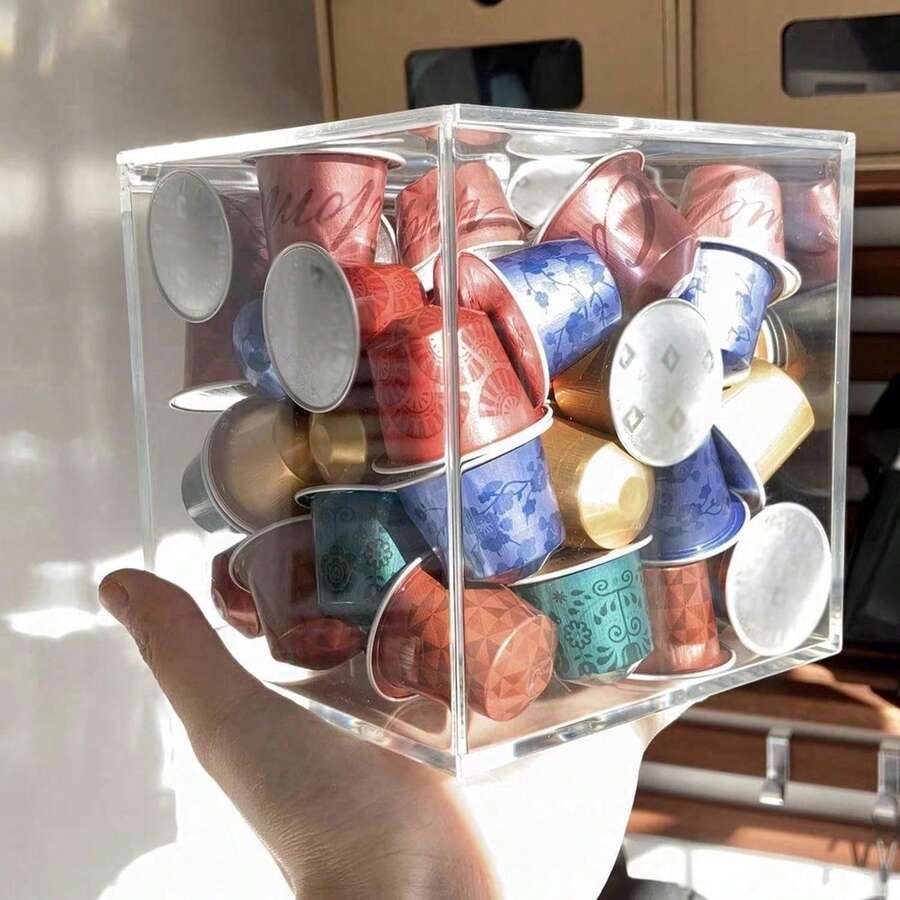Coffee Capsule Storage Box With Lid, 5"X5" Acrylic Organizer, Compatible With VertuoLine Capsules, Can Store Coffee Capsules, Tea Bags, Candies, Transparent Home & Office Storage Organizer - Multicolor - View 1