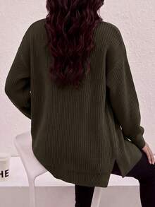 Spring/Autumn Casual Solid Color Side Slit Dropped Shoulder Loose Cardigan - Dark Green - View 2