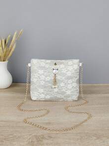 1pc Women's Floral Lace Square Crossbody Bag With Faux Pearl Cat Charm & Gold Chain Strap, Romantic Shoulder Purse For Party - White - View 3