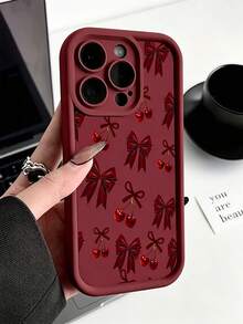 Phone Case: Cherry Bow Pattern Phone Case, Compatible With Apple 18/18Pro/18promax/ 17 Pro Max Phone Case, 17 Air, 16 Pro Max, 16 Plus, 15 Pro Max, 15 Pro, 15, 14 Pro Max, 14 Pro, 14 Plus, 14, 13 Pro Max, 13, 12 Pro Max, 12 Pro, 12, 11 Pro Max, 11 Pro, 11 X, XR, XS Max Phone Protective Cover - Burgundy - View 1