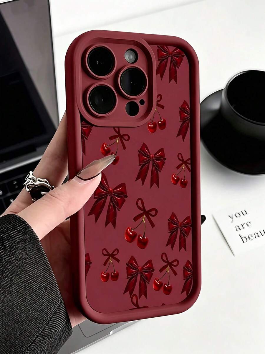 Phone Case: Cherry Bow Pattern Phone Case, Compatible With Apple 18/18Pro/18promax/ 17 Pro Max Phone Case, 17 Air, 16 Pro Max, 16 Plus, 15 Pro Max, 15 Pro, 15, 14 Pro Max, 14 Pro, 14 Plus, 14, 13 Pro Max, 13, 12 Pro Max, 12 Pro, 12, 11 Pro Max, 11 Pro, 11 X, XR, XS Max Phone Protective Cover - Burgundy - View 1